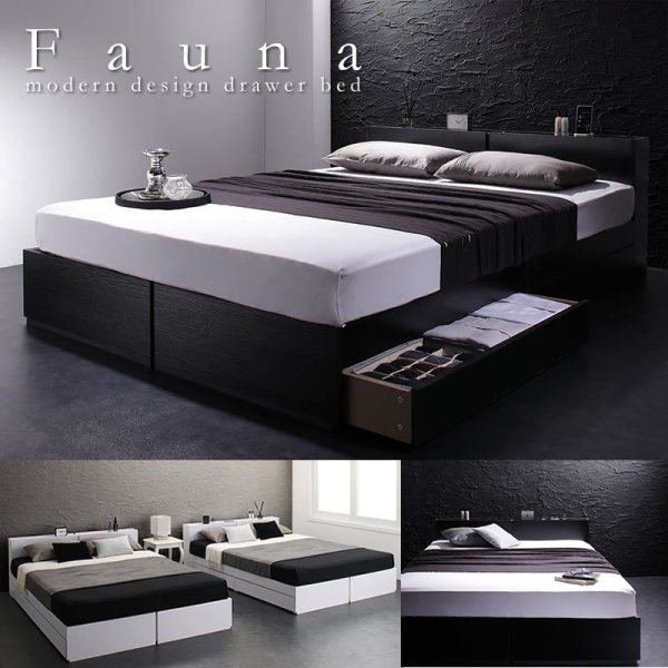 画像1: モノトーンデザイン棚コンセント付き収納ベッド【Fauna】ファウナ