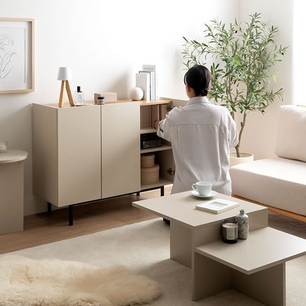 画像17: バイカラーがおしゃれ！スチール脚付きキャビネット【Karin】 幅100 グレージュ／ナチュラル
