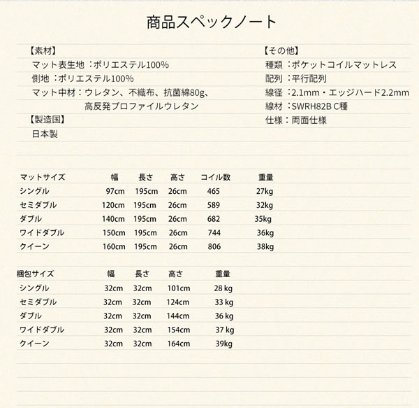 高反発プロファイルウレタン入り抗菌・防臭・防ダニ日本製ポケットコイルマットレスを通販で激安販売