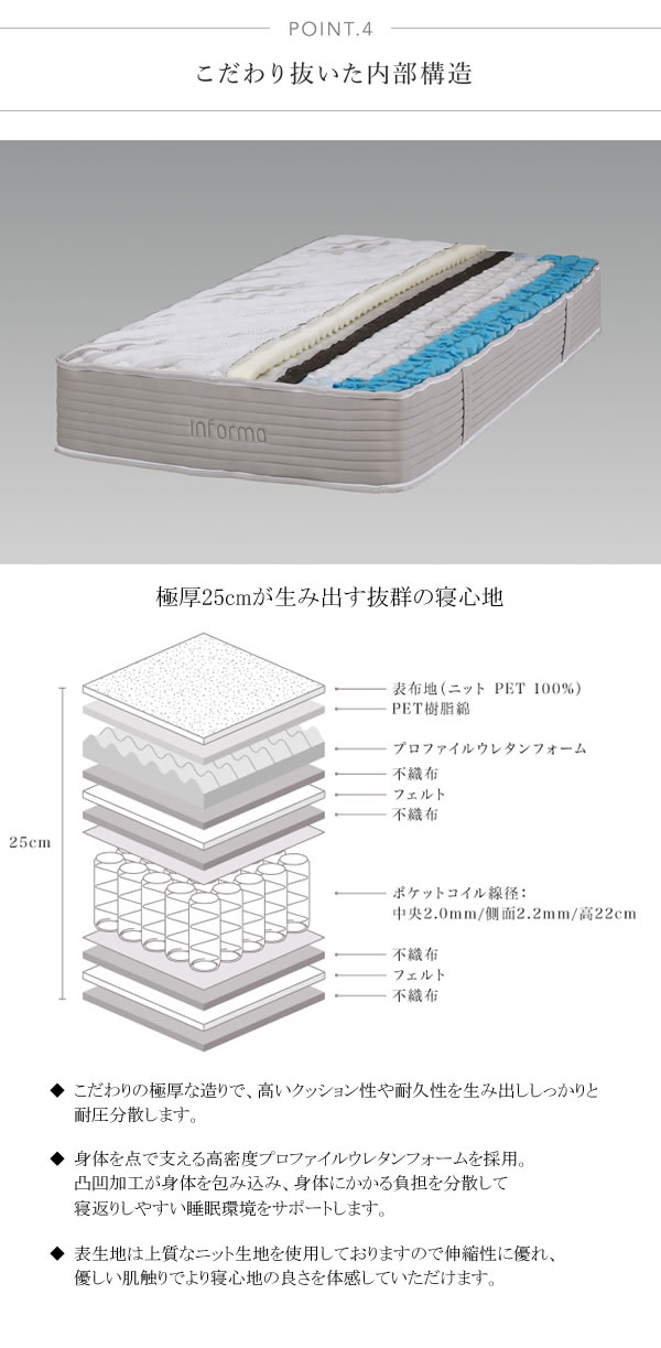 プロファイルウレタン入り極厚25cmポケットコイルマットレス【Comfort】を通販で激安販売