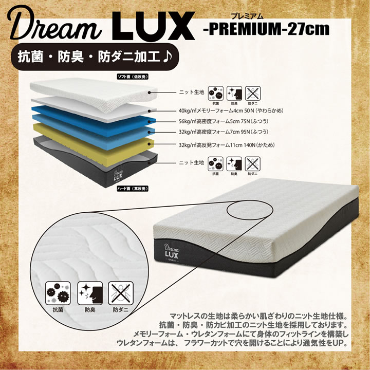 柔らかめ硬めが試せる両面仕様高反発ノンコイルウレタンマットレスDreamLUX：premium 27cm厚を通販で激安販売