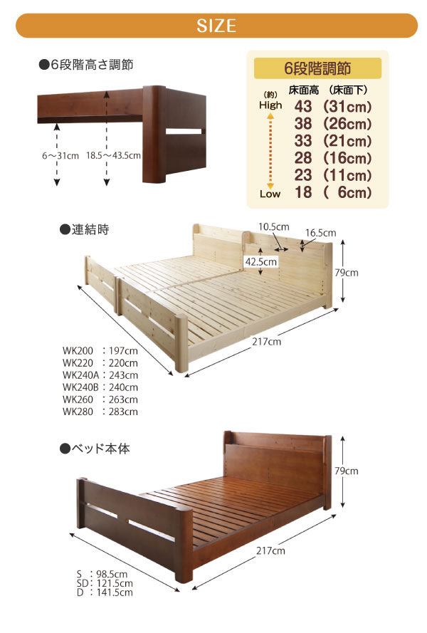 高さ調整対応！連結機能付き頑丈すのこベッド【Fontaine】フォンテーヌを通販で激安販売