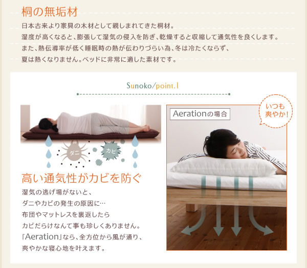 無塗装天然木桐材仕様すのこベッド【Aeration】エアレーションを通販で激安販売