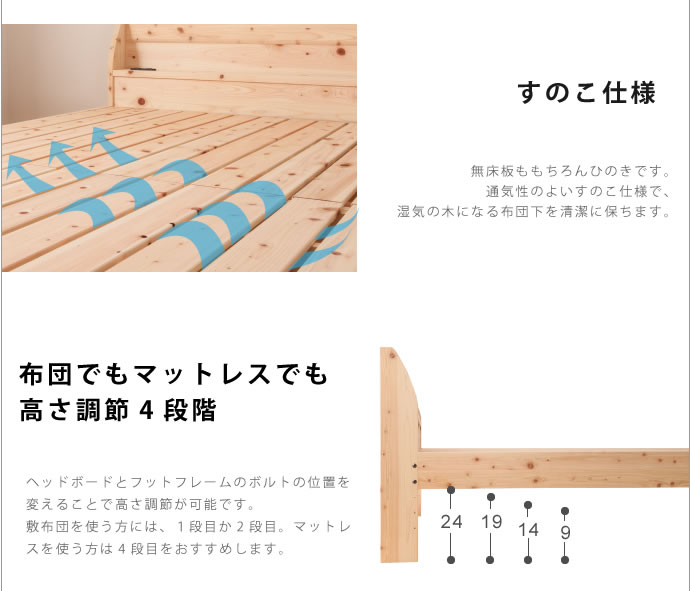 日本製無塗装ヒノキすのこベッド：スタンダードタイプ　低ホルムアルデヒド・高さ調整付きを通販で激安販売