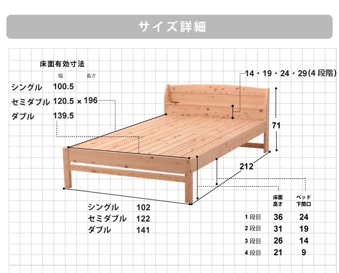 日本製無塗装ヒノキすのこベッド：スタンダードタイプ　低ホルムアルデヒド・高さ調整付きを通販で激安販売