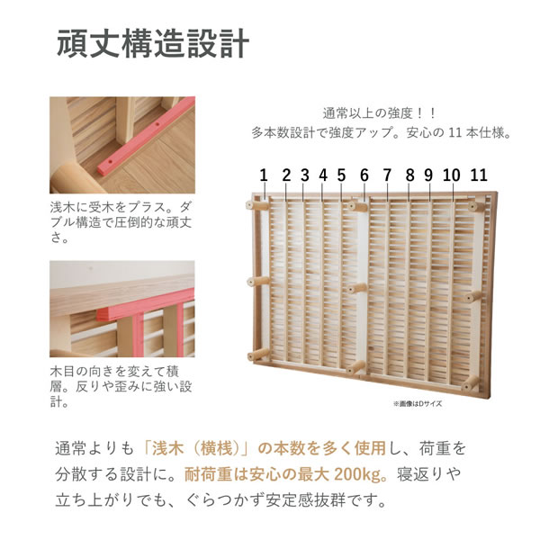 軋みにくく頑丈繊細すのこ採用ヘッドレスベッド：高さ調整付きを通販で激安販売