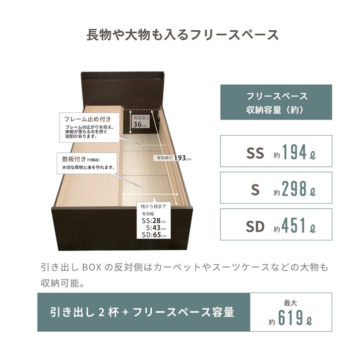 スリム棚コンセント付き国産すのこベッド｜布団対応・2杯大容量収納を通販で激安販売