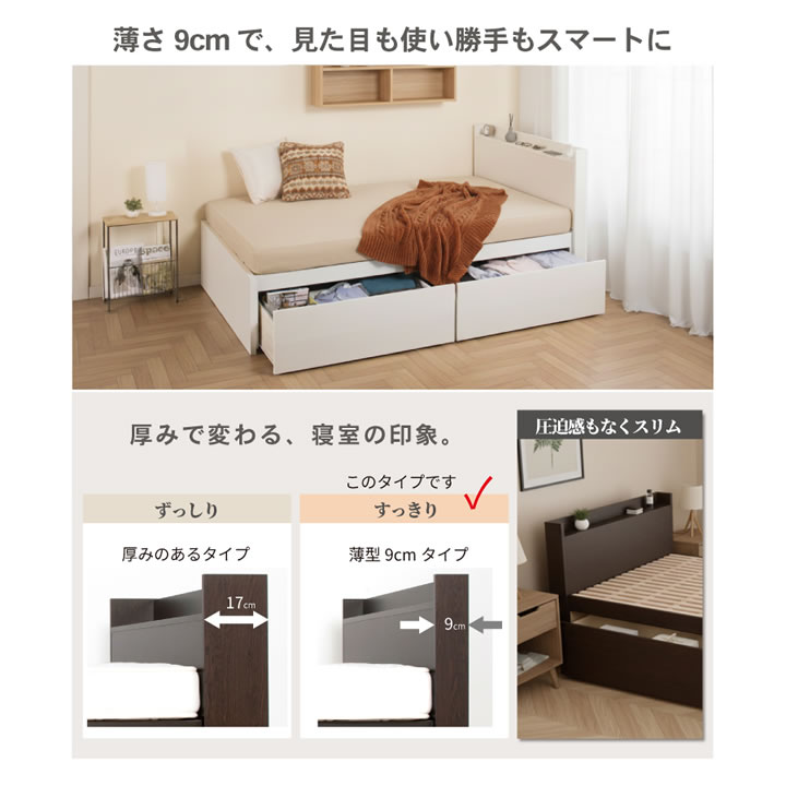 スリム棚コンセント付き国産すのこベッド｜布団対応・2杯大容量収納を通販で激安販売
