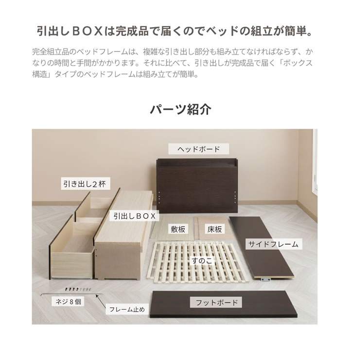 スリム棚コンセント付き国産すのこベッド｜布団対応・2杯大容量収納を通販で激安販売
