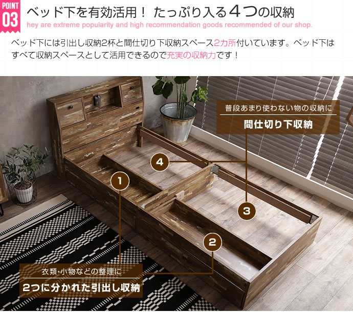 ヴィンテージ風寄木柄仕上げ引出し付収納ベッド【Parquet