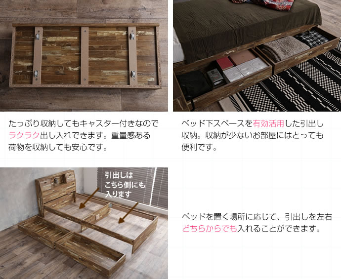 ヴィンテージ風寄木柄仕上げ引出し付収納ベッド【Parquet