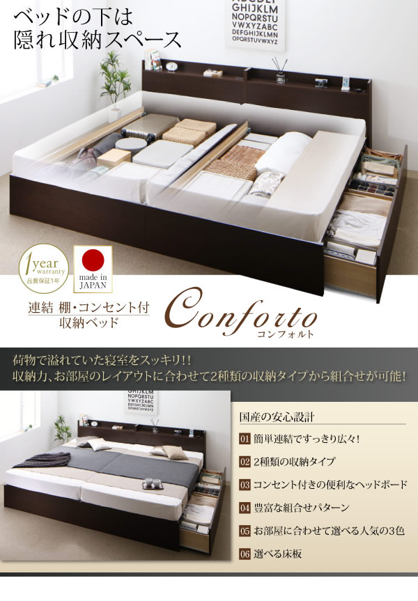 日本製・連結対応すのこも選べる収納ベッド【Conforto】コンフォルトを通販で激安販売