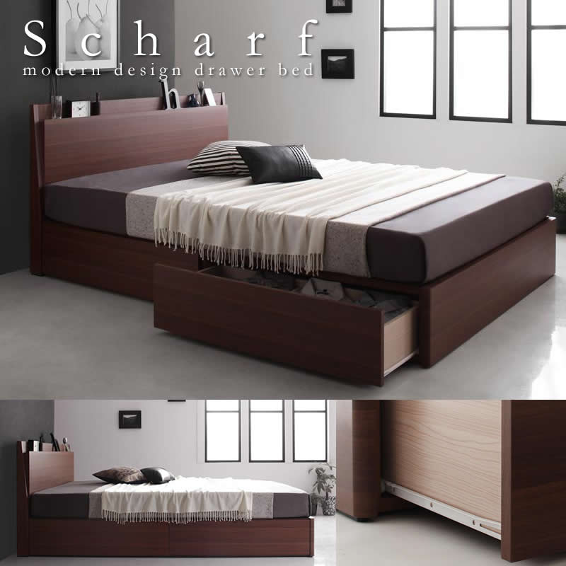 棚・コンセント付きスリムデザイン収納ベッド【Scharf】シャルフ