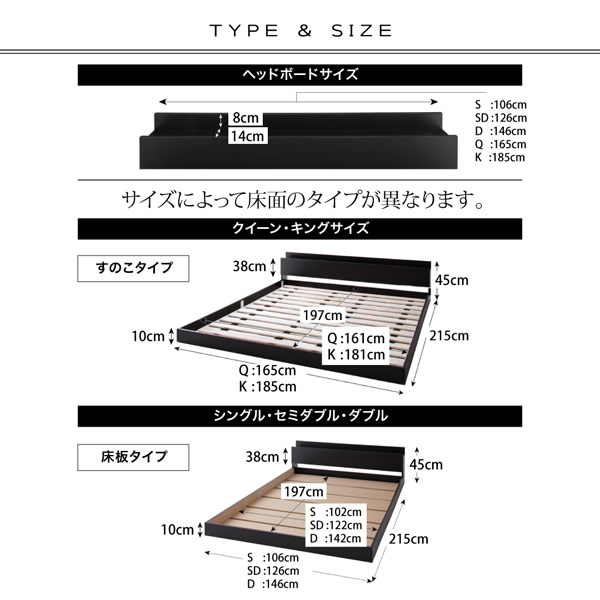 キング・クイーンサイズ対応！棚・コンセント付きフロアベッド【Isis ...