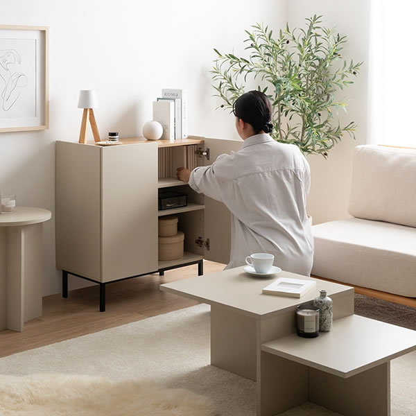 バイカラーがおしゃれ！スチール脚付きキャビネット【Karin】 幅70 グレージュ／ナチュラルを通販で激安販売