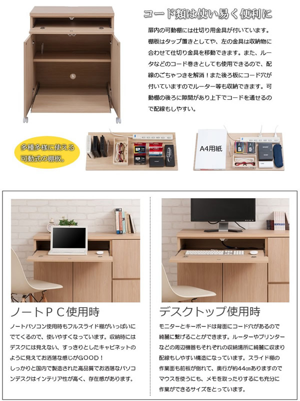 大人気収納家具！完成品・日本製スクエアキャビネット 幅70　PCデスクタイプを通販で激安販売