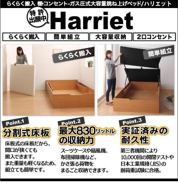 分割すのこ床板仕様・スリム棚付きガス圧式跳ね上げ収納ベッド【Harriet】ハリエットを通販で激安販売