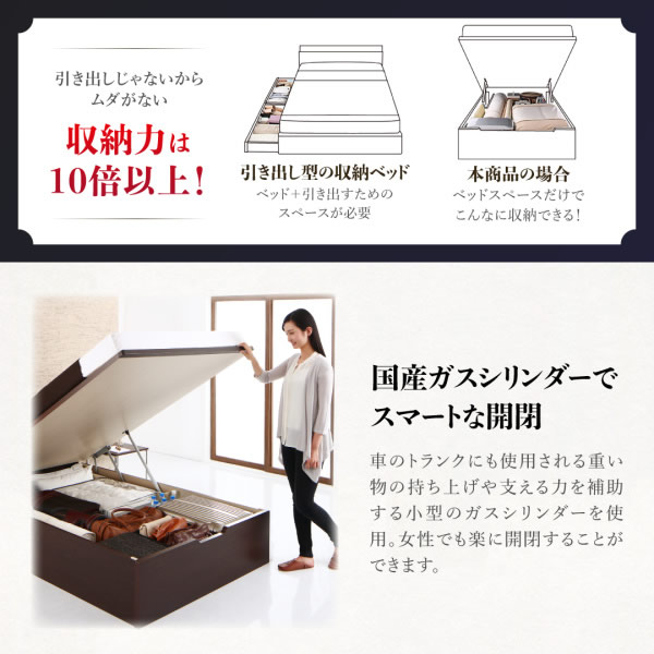 人気のシンプル棚付き連結対応ガス圧式収納ベッド【Fergus】ファーガス 日本製を通販で激安販売