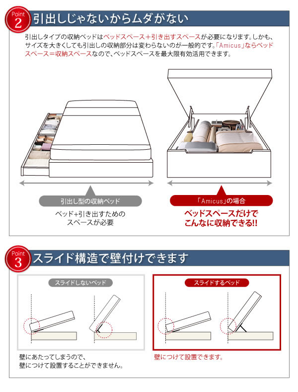 通気性床板仕様ヘッドレスガス圧式収納ベッド【Amicus】アミークスを通販で激安販売