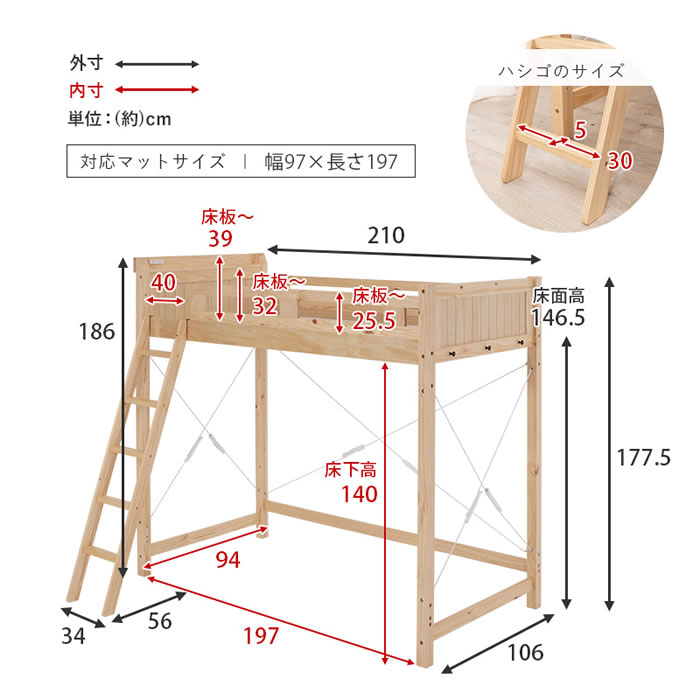 カントリー調頑丈木製ロフトベッド【Calista】 棚・コンセント付き ベッド下140cmを通販で激安販売