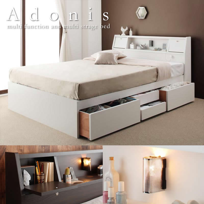 フラップ扉・照明・コンセント付きチェストベッド【Adonis】アドニス