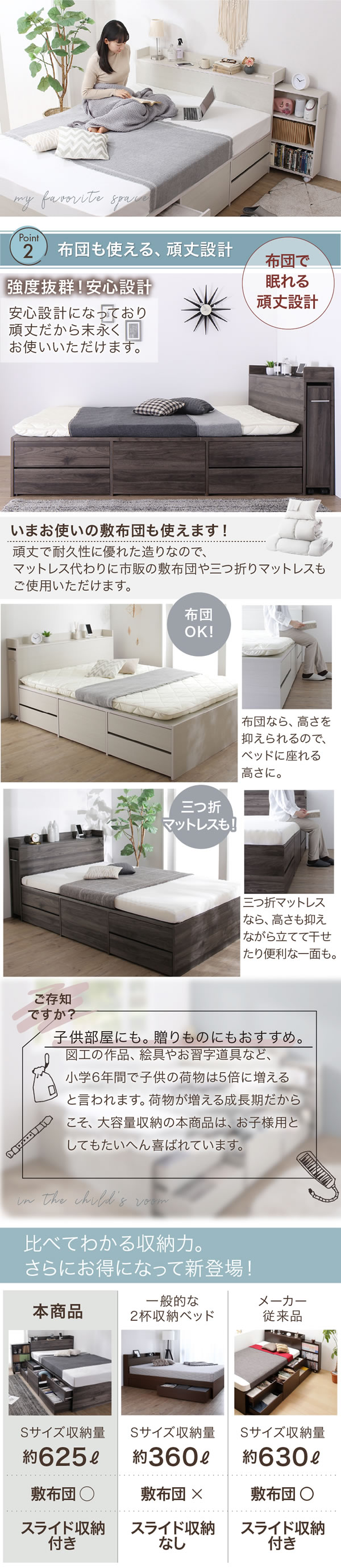 本棚収納付きおしゃれチェストベッド【Iivari】を通販で激安販売