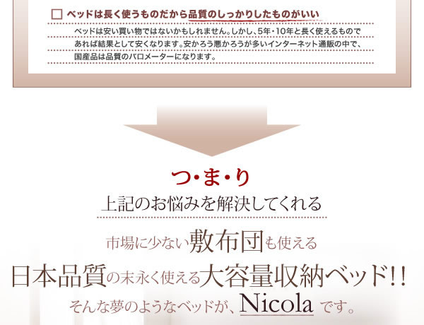 通気性に優れた国産すのこ仕様大容量収納チェストベッド【Nicola】を通販で激安販売