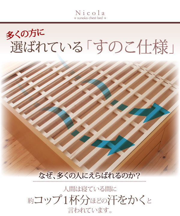 通気性に優れた国産すのこ仕様大容量収納チェストベッド【Nicola】を通販で激安販売