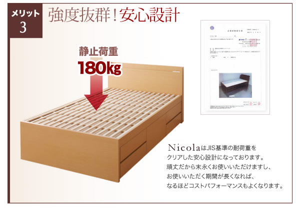 通気性に優れた国産すのこ仕様大容量収納チェストベッド【Nicola】の