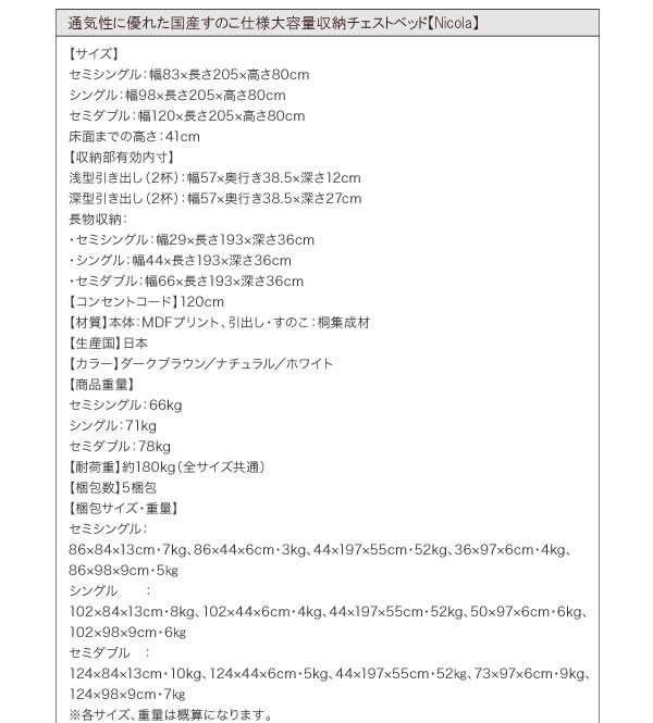 通気性に優れた国産すのこ仕様大容量収納チェストベッド【Nicola】を通販で激安販売