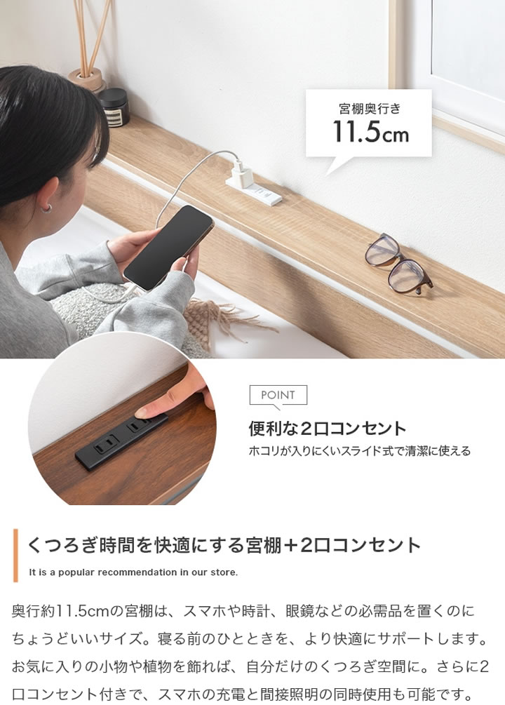 2口コンセント棚付きバイカラーパイプベッド【Ethan】高さ2段階調整 ベッド下収納対応を通販で激安販売