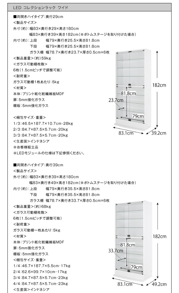 壁面収納家具シリーズ　LED照明付きコレクションラック ワイドを通販で激安販売