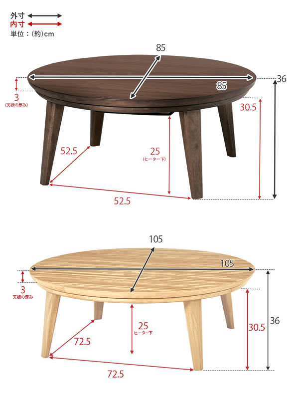 天然木突板仕様高級感のある円形こたつテーブル【Glenda】を通販で激安販売