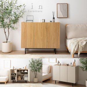 画像: バイカラーがおしゃれ！スチール脚付きキャビネット【Karin】 幅100 グレージュ／ナチュラル